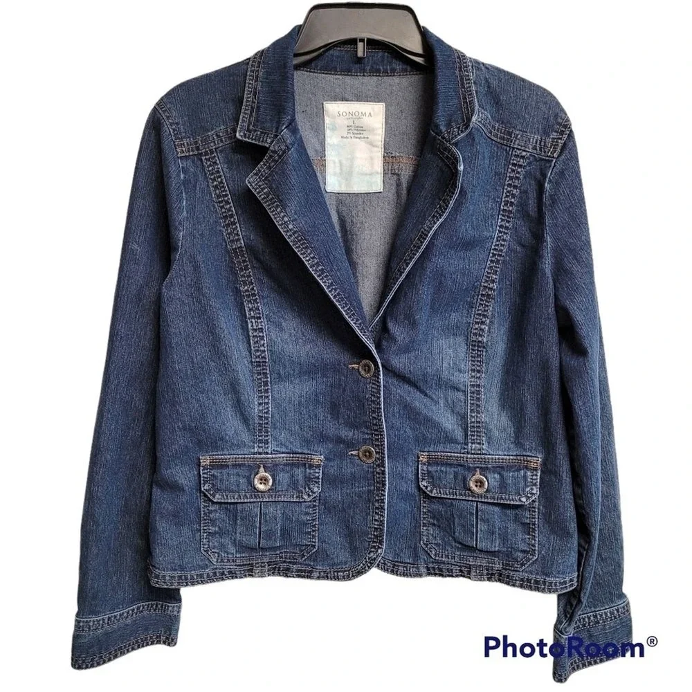 Sonoma 2 Button Collar Blue Jean Denim Jacket Front Flap Pockets Size Large